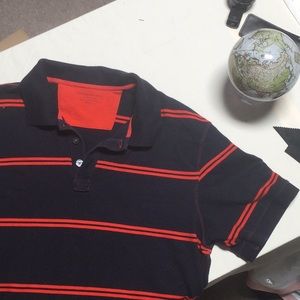 Navy and red striped fitted short sleeve polo